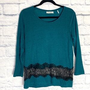 Sandro teal linen black lace inset long sleeve tee